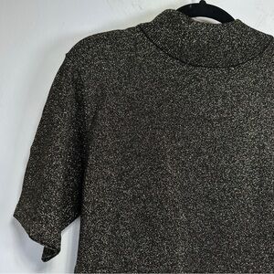 Black Gold Metallic Mock Neck Knit Top Short Sleeve Shimmer Evening Top Size L
